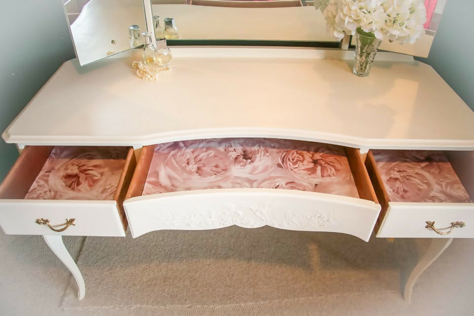 Upcycled French style vintage Cream Dressing Table, vanity with large triple mirror and gold details,