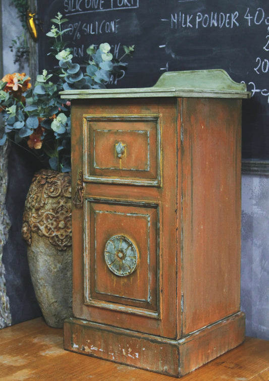 SOLD !!! Vintage Bedside Cabinet, Patina Bedside Cabinet, Orange Cabinet, Painted Bedside Table