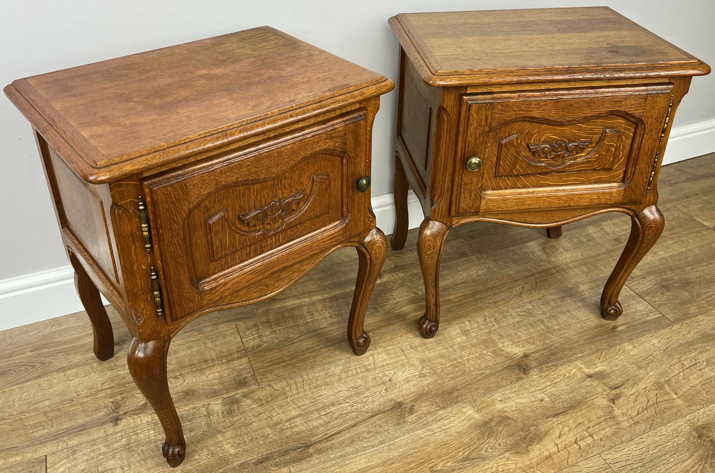 Pair of Bedside Tables Vintage French Louis Oak Nightstands Cabinets LOT 6211