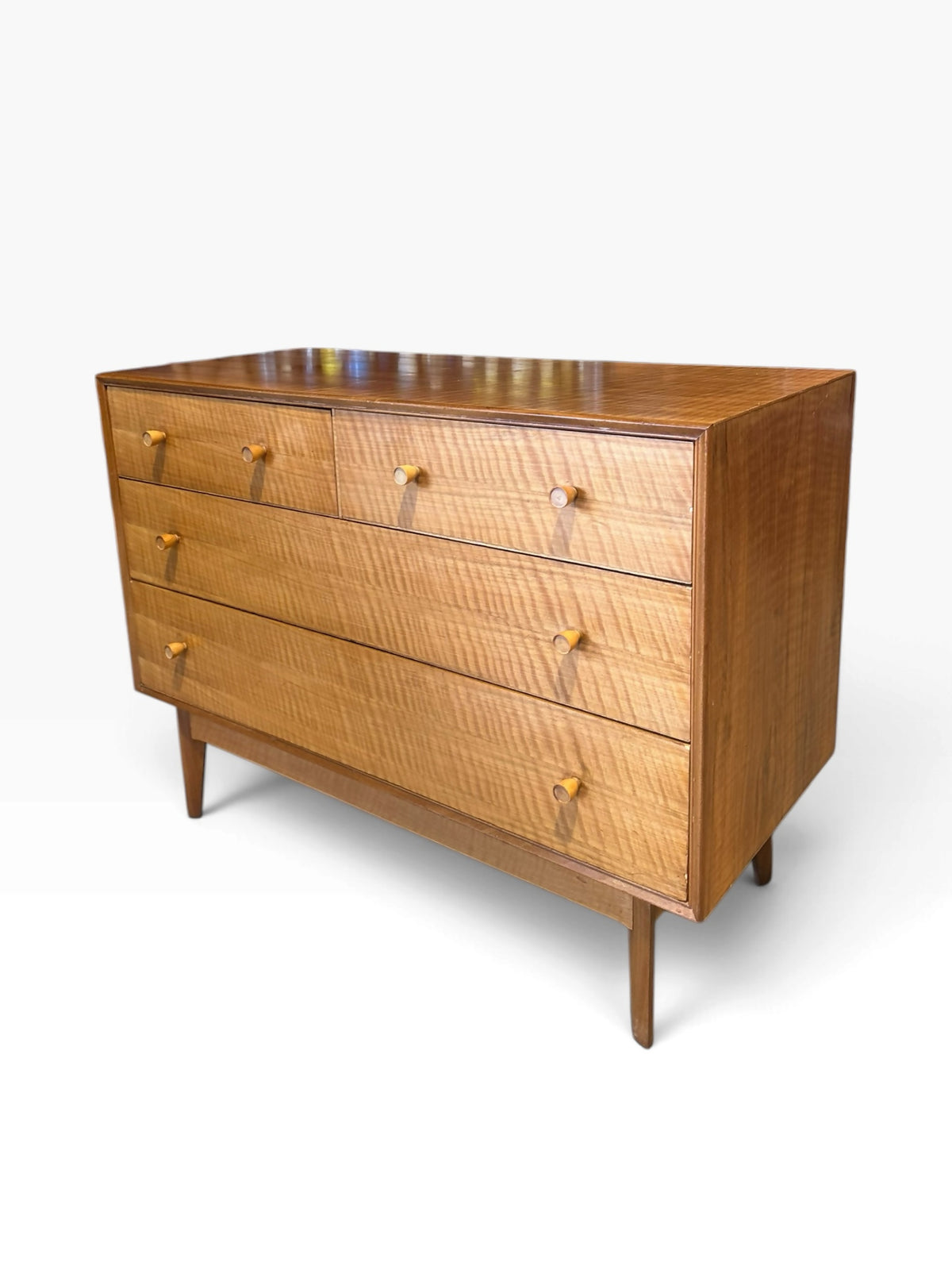 Mid-Century Quartersawn Sycamore Chest of Drawers by Maple & Co