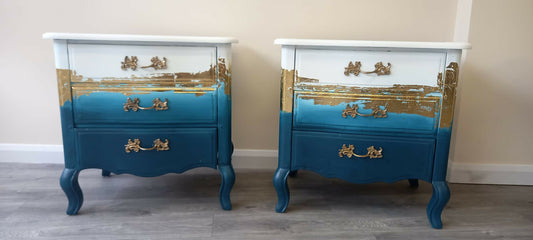 Teal Ombre Bedside Tables with Gold Leaf: Upcycled Bedroom Furniture
