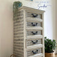Hand-Painted Tallboy Chest of Drawers in Artisan Dash Pattern, Upcycled Furniture