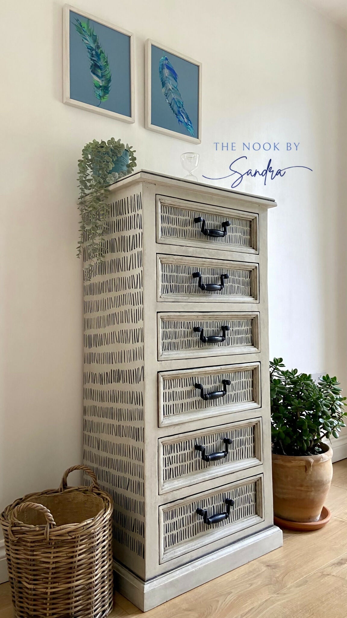 Hand-Painted Tallboy Chest of Drawers in Artisan Dash Pattern, Upcycled Furniture