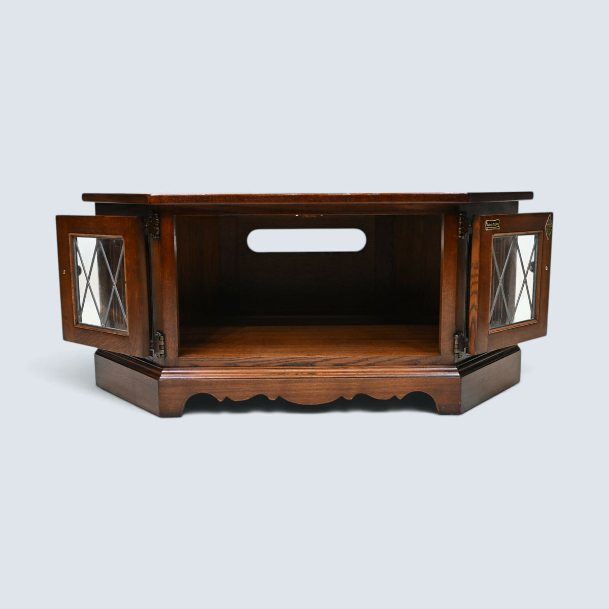 Old Charm TV Stand Linenfold Leaded Glass Doors Tudor Brown FREE* UK Delivery