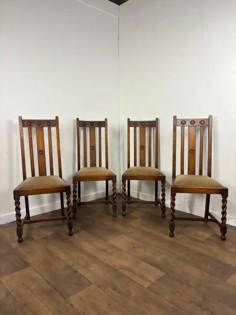 Vintage Set of Four Oak High Back Barley Twist Dining Chairs