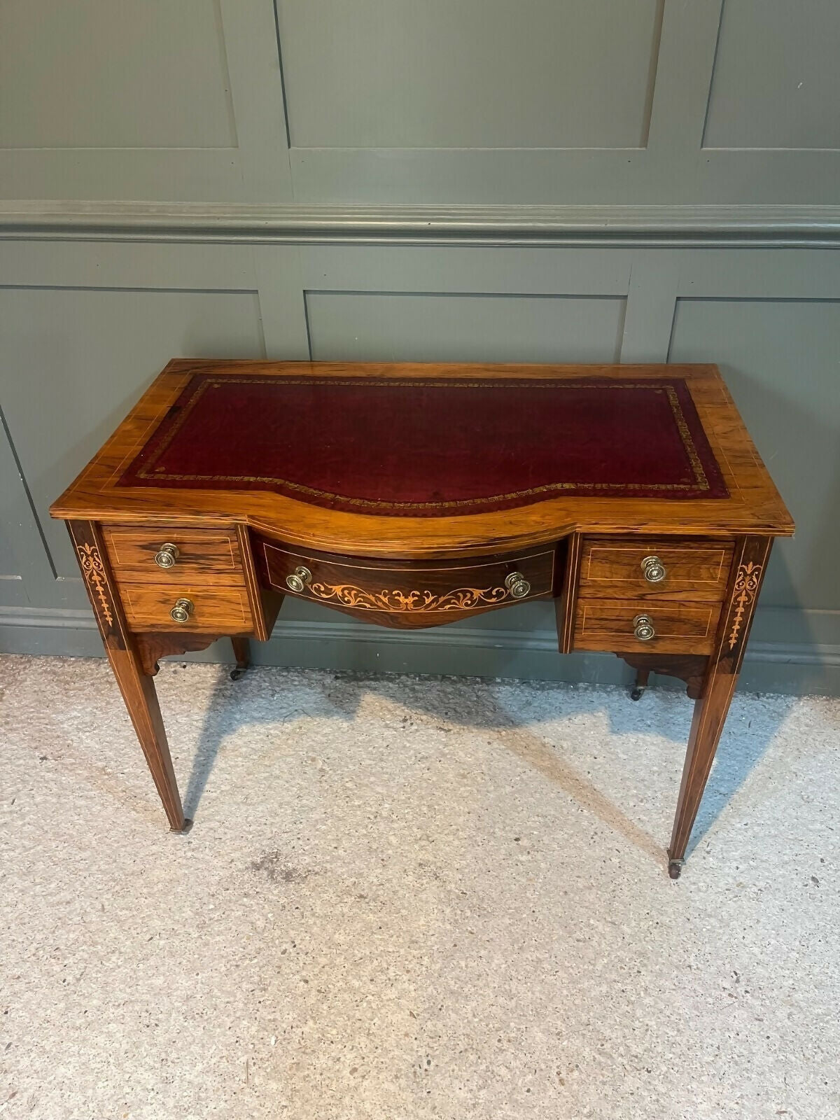 Vintage Desk /Writing Desk Red Leather Top Inlaid Rosewood Mid 1800’s