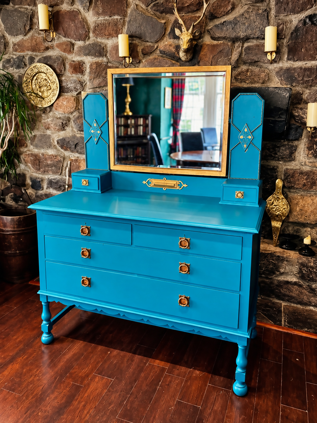 Statement Teal Vintage Dressing Table with Mirror & Mother of Pearl Detail