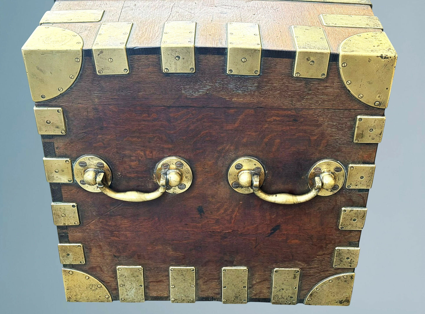 Large Antique Oak Brass Bound Silver or Plate Chest, Trunk