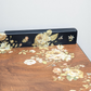 Vintage art deco navy blue and gold dressing table, walnut burr wood desk