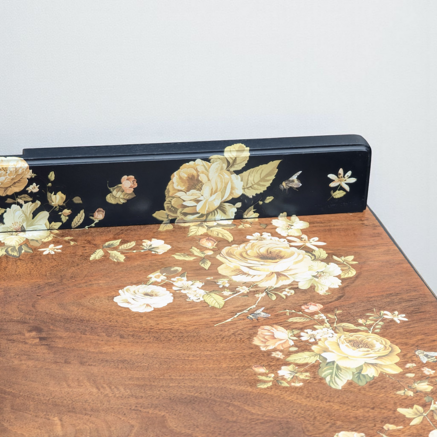 Vintage art deco navy blue and gold dressing table, walnut burr wood desk