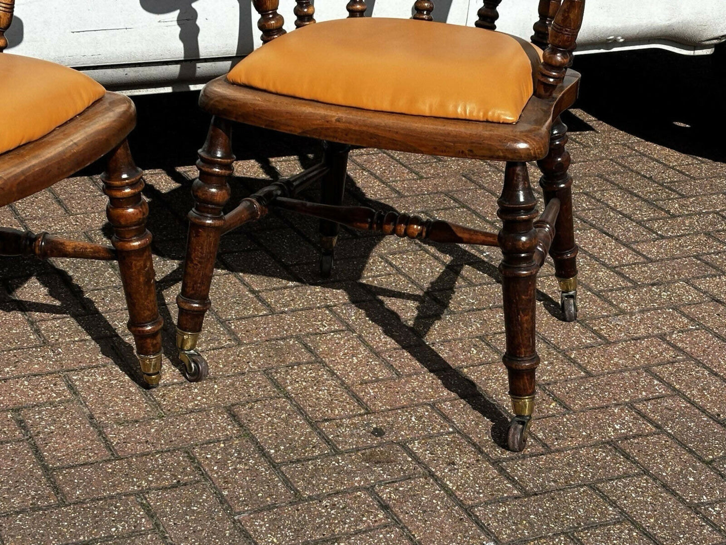 Victorian Vintage Pair Of Library Armchairs, On Brass Castors, Good Quality Examples.