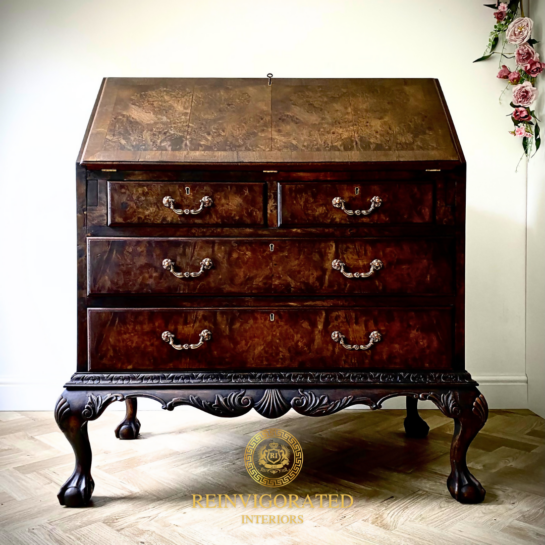 Vintage Burr Walnut Bureau Writing Desk