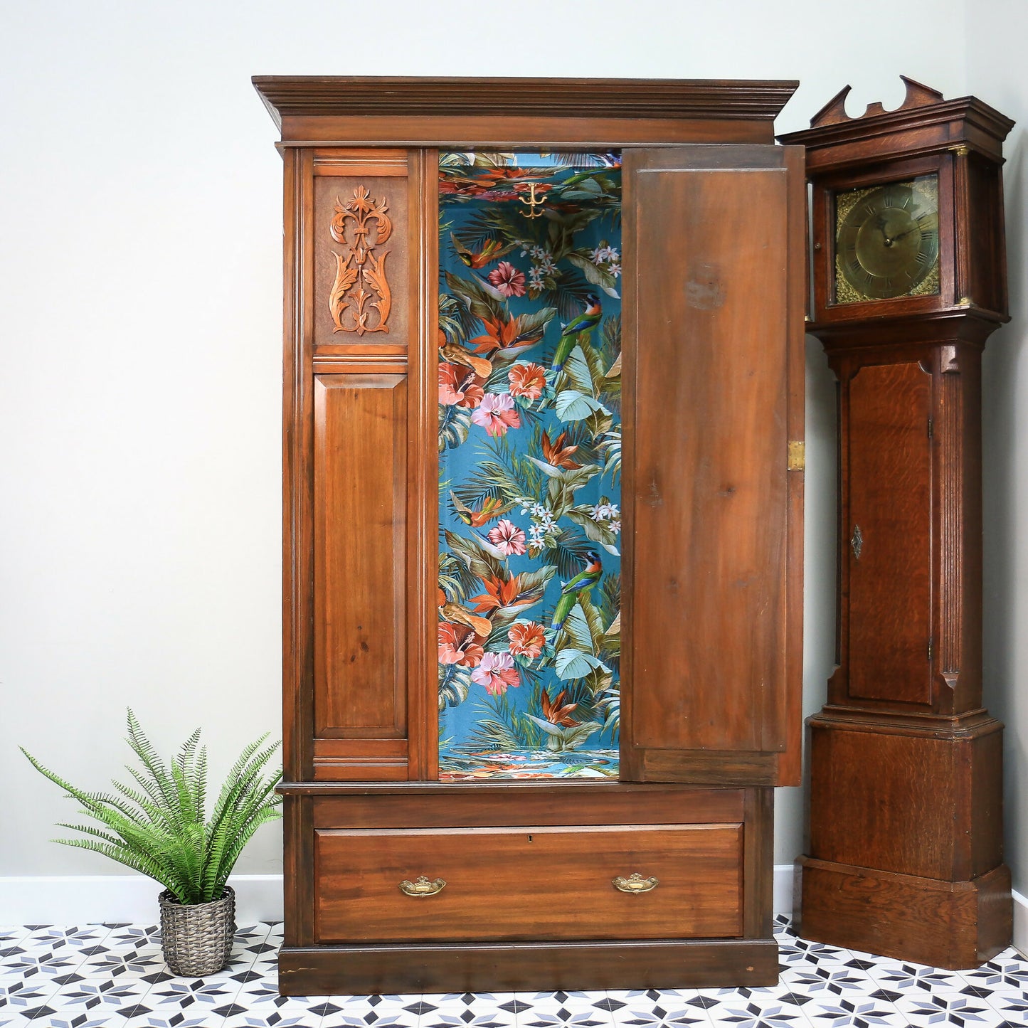 Edwardian Red Walnut Carved Wardrobe With Mirror and Drawer