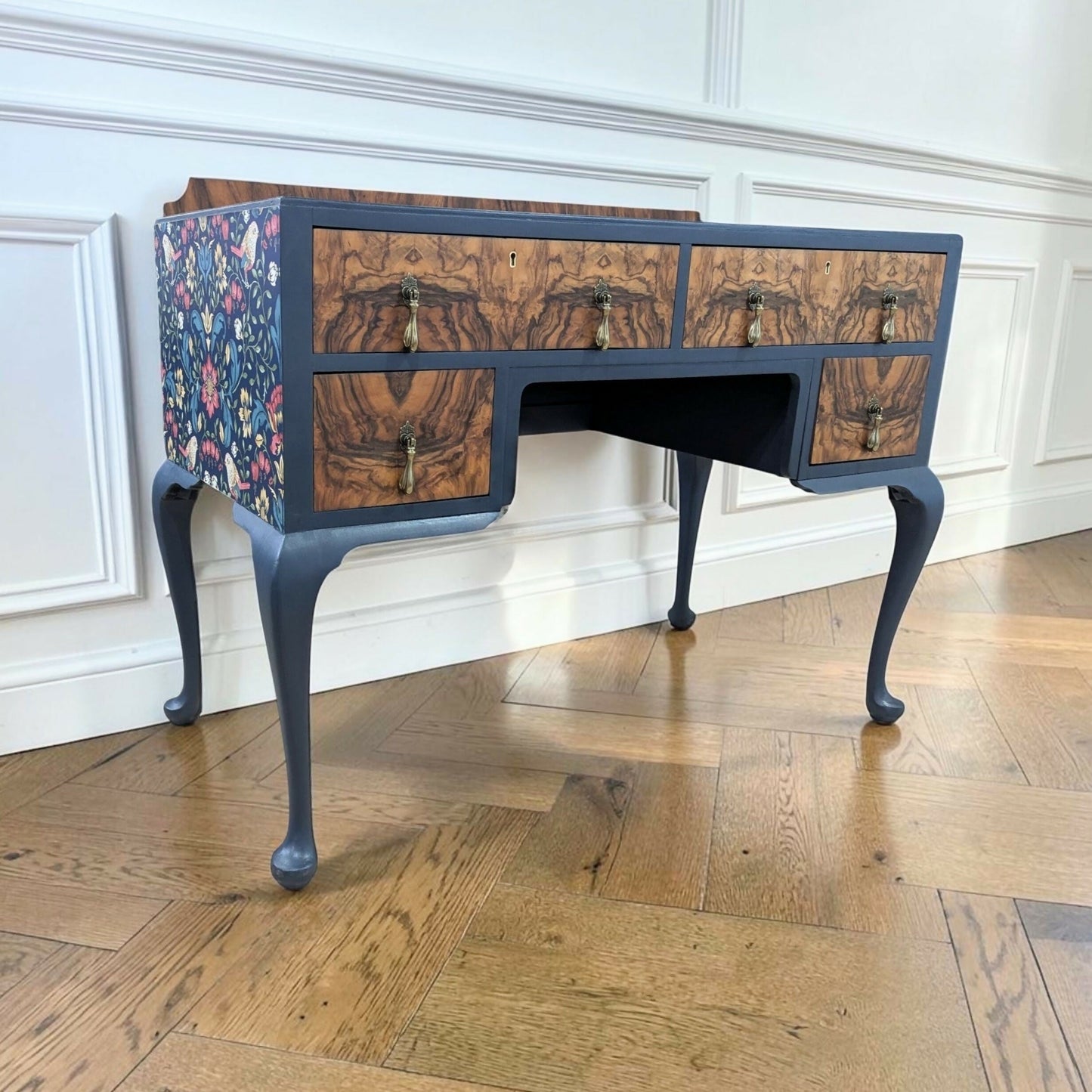 Vintage art deco navy blue walnut burr wood desk/ dressing table
