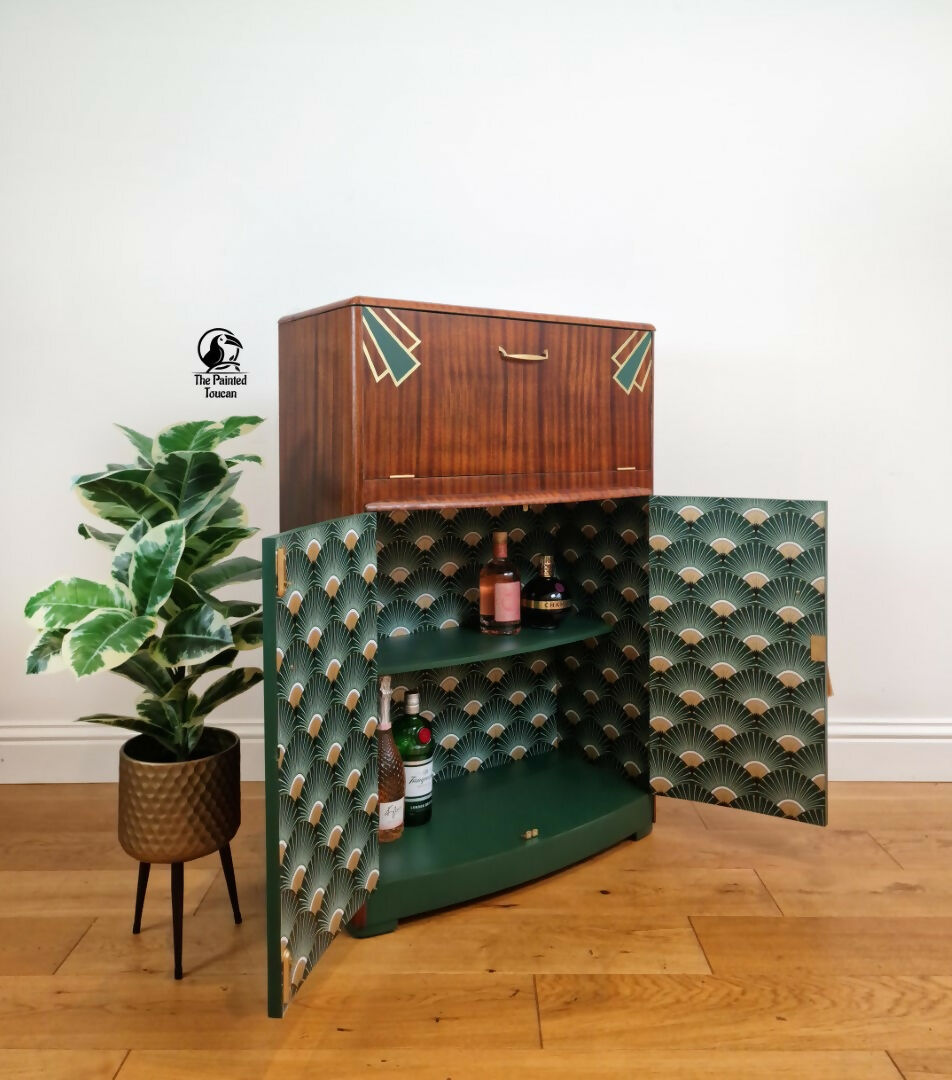 Art Deco Cocktail Cabinet | Green & Gold | Restored Vintage Drinks Cabinet