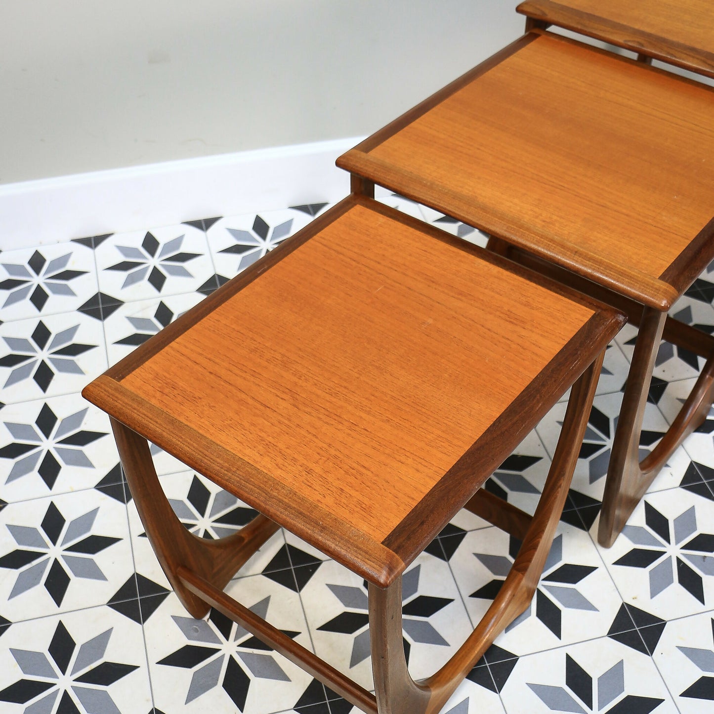 G Plan Nest of Three Tables Astro Design with Teak Tops and Afromosia Legs.