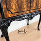 Refurbished Art Deco Burl Walnut Queen Anne Cocktail Cabinet in black and gold with cabriole legs, vintage drinks cabinet,