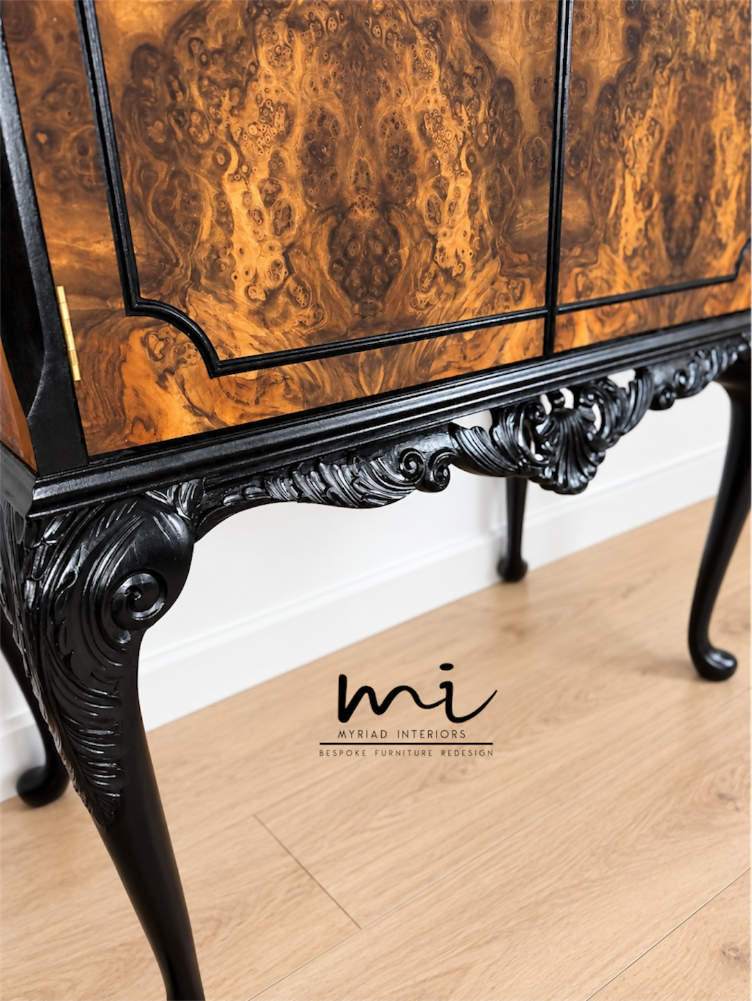 Refurbished Art Deco Burl Walnut Queen Anne Cocktail Cabinet in black and gold with cabriole legs, vintage drinks cabinet,