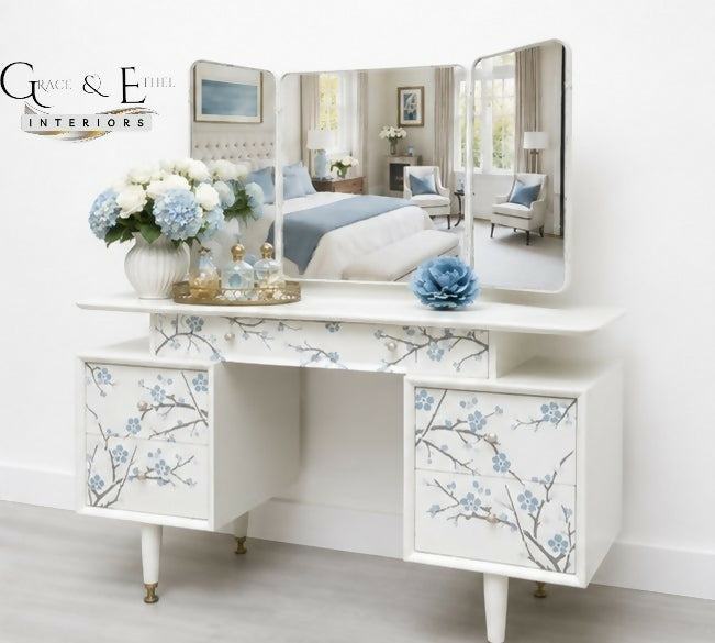 PAINT TO ORDER- G plan triple mirror floral dressing table in white
