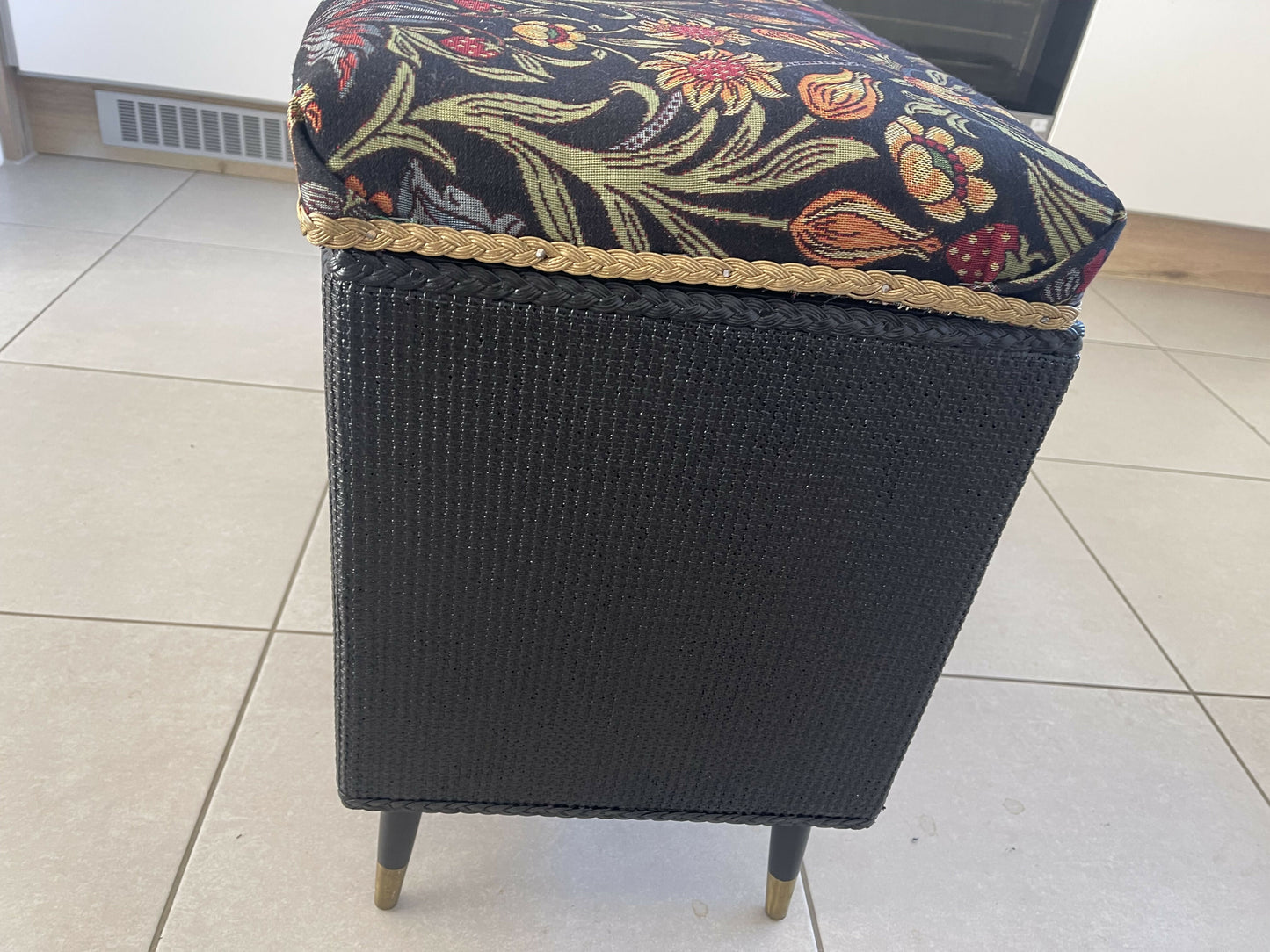 Kraft mid century Ottoman. Newly painted black. William Morris style material.