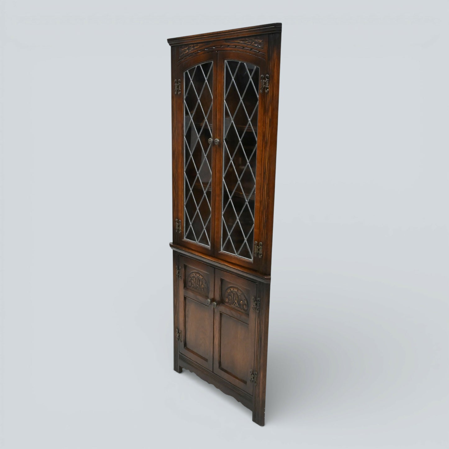 Old Charm Corner Display Cabinet Leaded Glass Doors Tudor Brown FREE UK Delivery