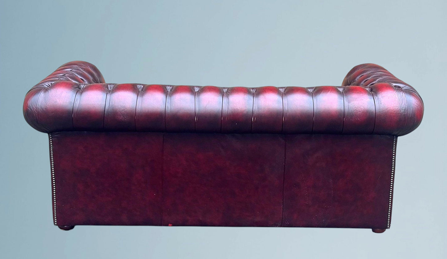 English Oxblood Leather Chesterfield Three Seater Sofa