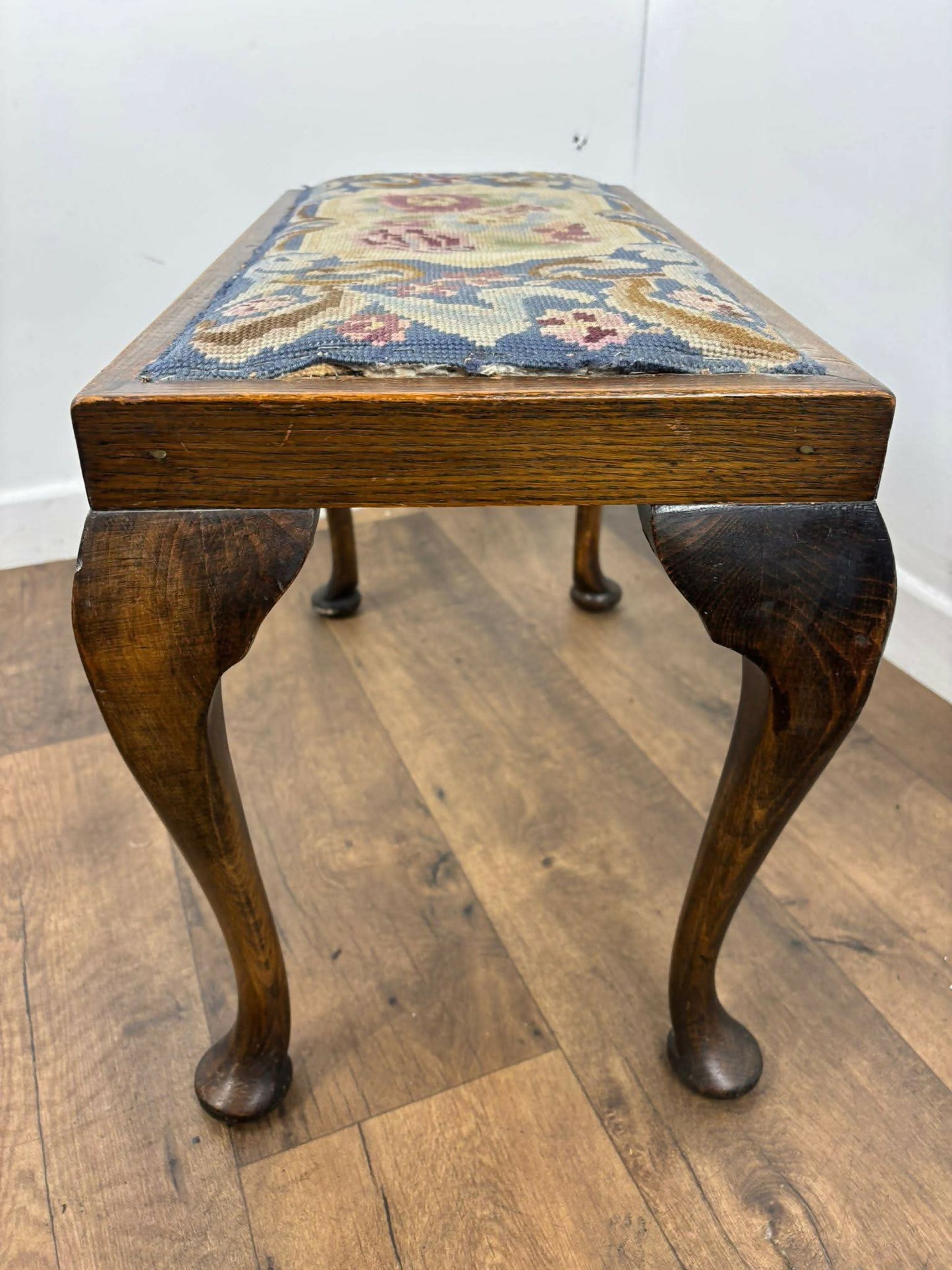 Vintage Oak Stool With Floral Tapestry Top