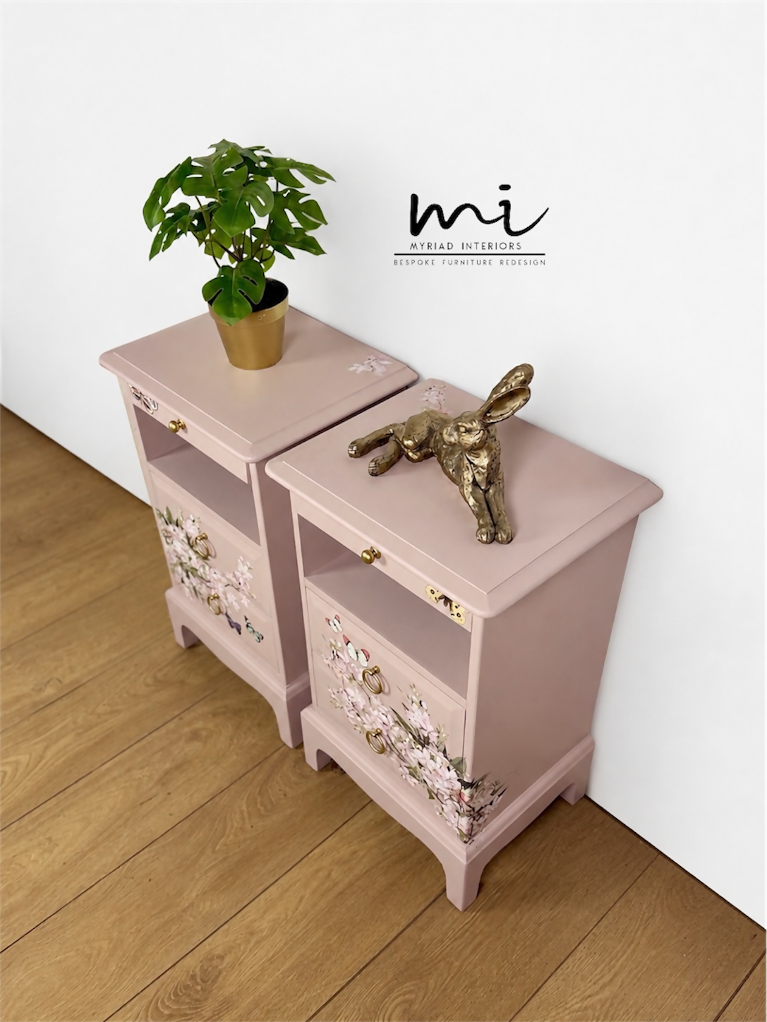 Dusky blush pink Stag Minstrel slim tea tray bedside tables with blossom and butterfly design. Nightstands pale pink