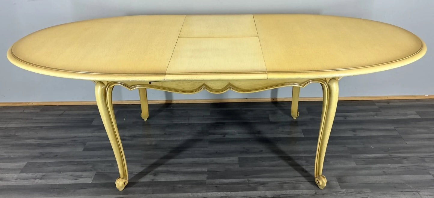 Vintage French Louis XVI Dining Table Set | Shabby Chic Oak Furniture | Includes 6 Upholstered Chairs Carved Detail LOT 4404