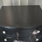 Opaline Bloom – Dark Luxe Bow-Front Vintage Chest of Drawers, Black Floral Decoupage, Gold & Pearl Handles