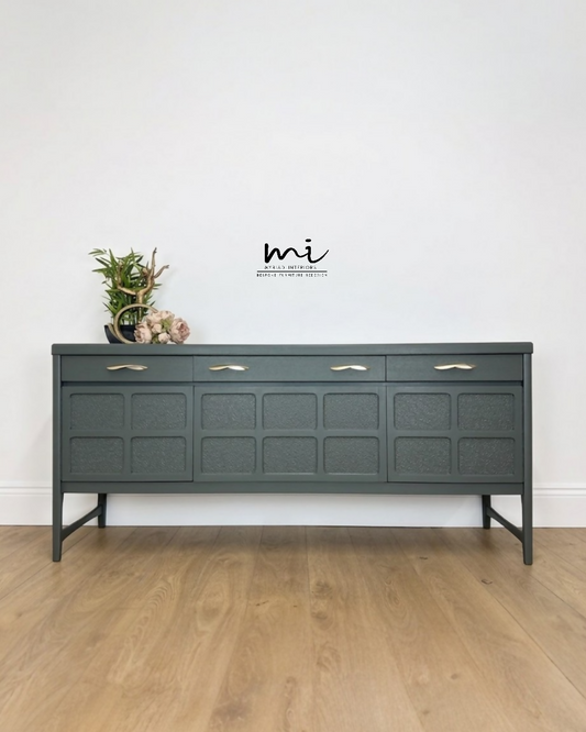 Refinished Vintage Large Nathan Sideboard Drinks Cabinet In Deep Dusky Olive Green