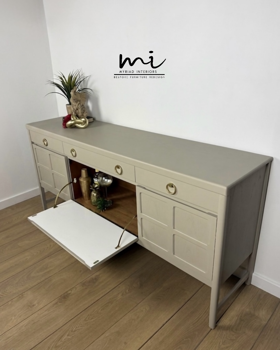 Refinished Large Neutral Vintage Nathan Sideboard with drinks cabinet - beige, cream, cocktail cabinet, tv stand, media unit, retro nude