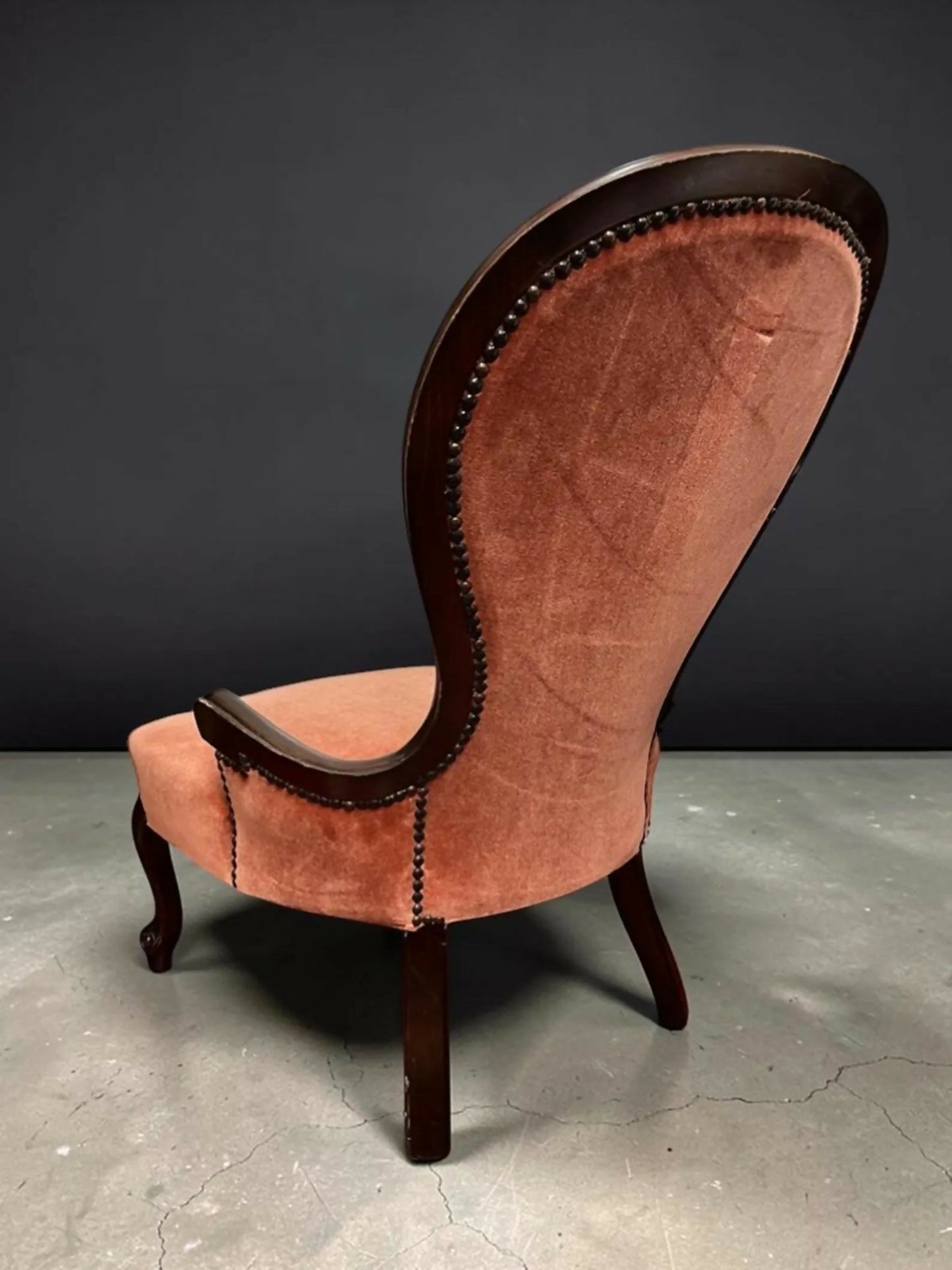 Antique Victorian Slipper Chair, Mahogany Frame, Rust Upholstery, Nursing Accent Furniture