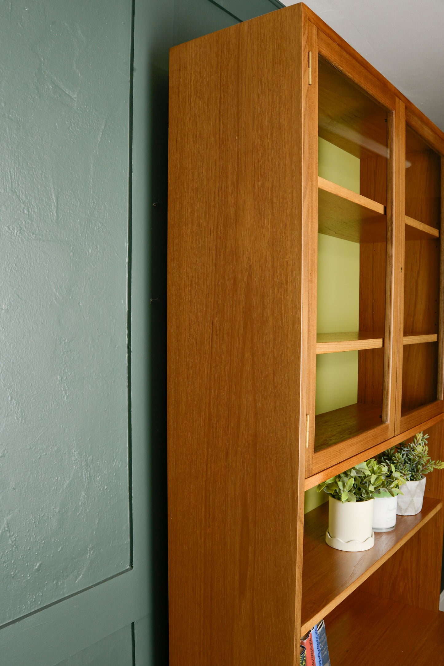 G Plan Sierra Wall Unit with Glass Doors and Green Backboard