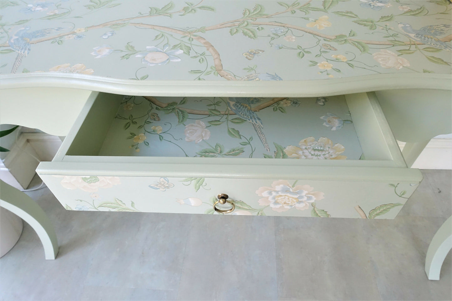 Pale green decoupaged console table, one drawer