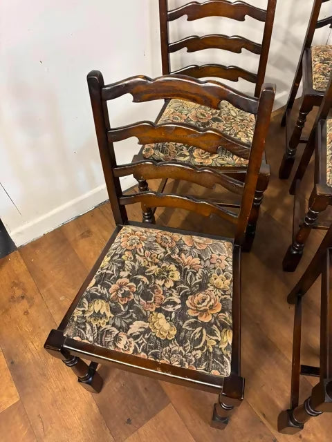 Vintage Set of Seven Oak Ladder Back Dining Chairs Including Carver Chair