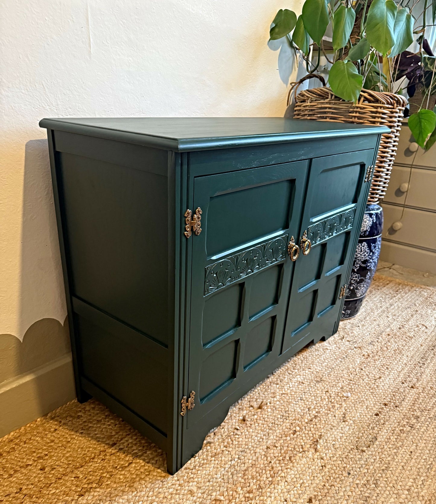 Newly refurbished small solid wood sideboard green