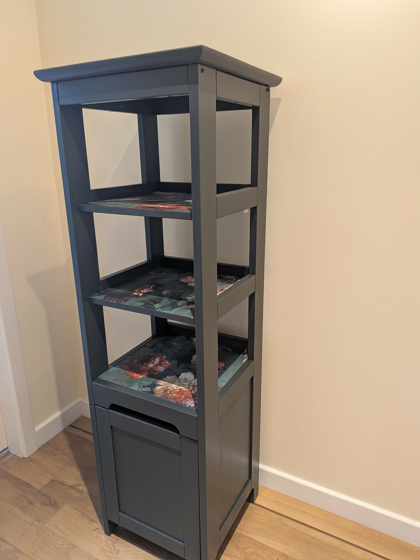Dark green tall shelves and storage