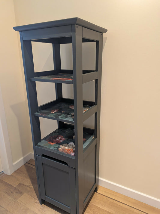 Dark green tall shelves and storage