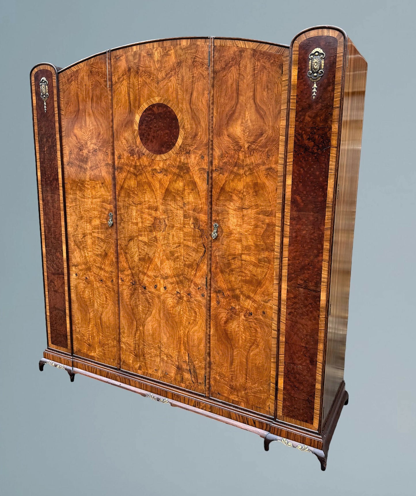 Good Quality Art Deco Burr Walnut Triple Door Wardrobe With Ormolu Mounts