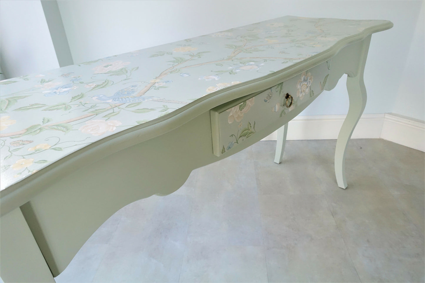 Pale green decoupaged console table, one drawer