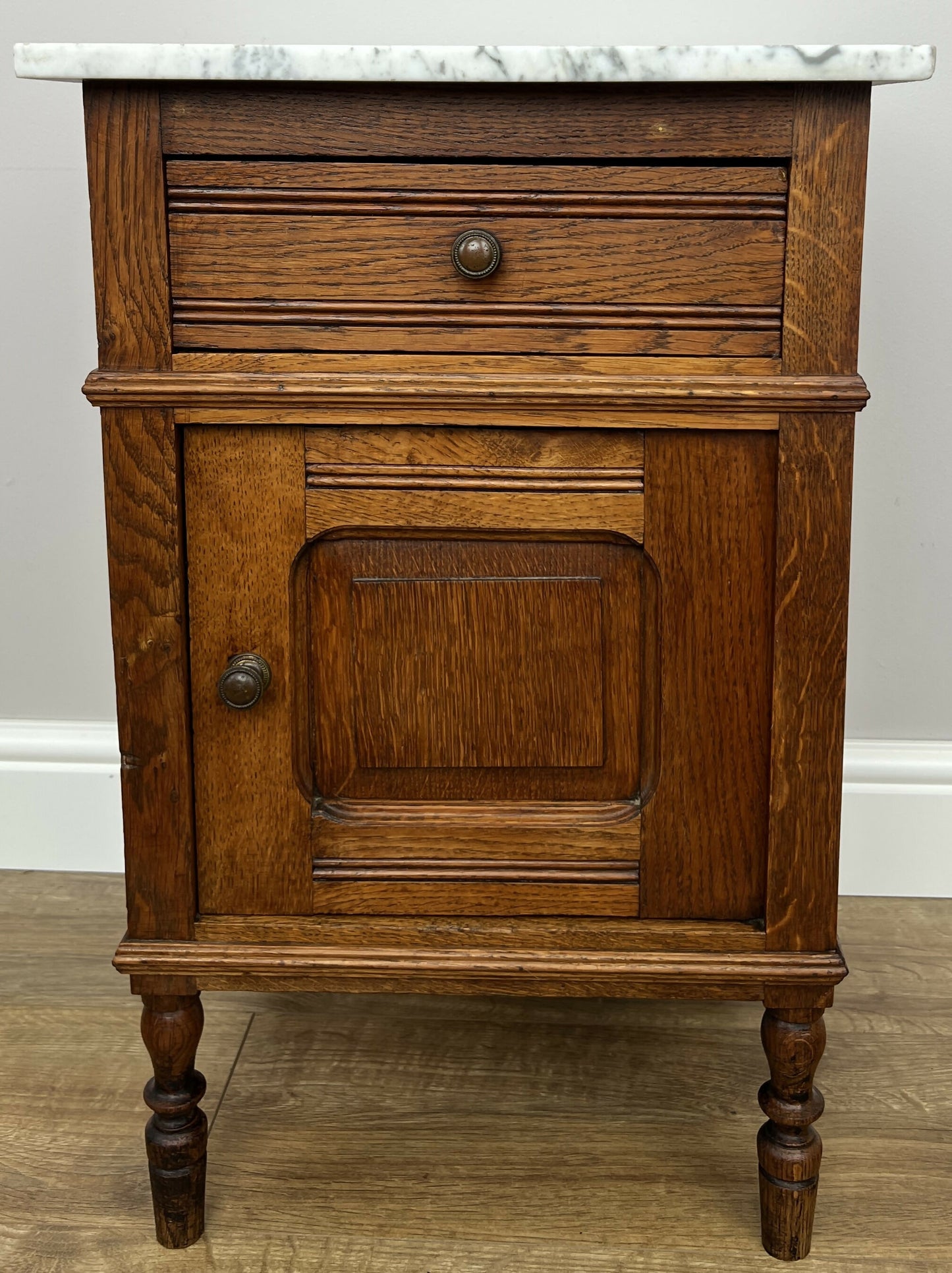 Bedside Table Antique French Style Marble Top Oak Cabinet Nightstand LOT 6235