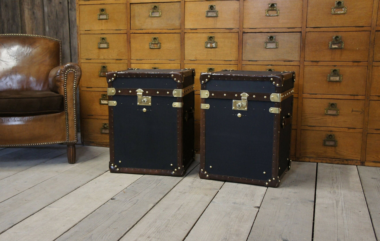 Black Vintage Handmade Bedside tables - English bespoke storage trunks