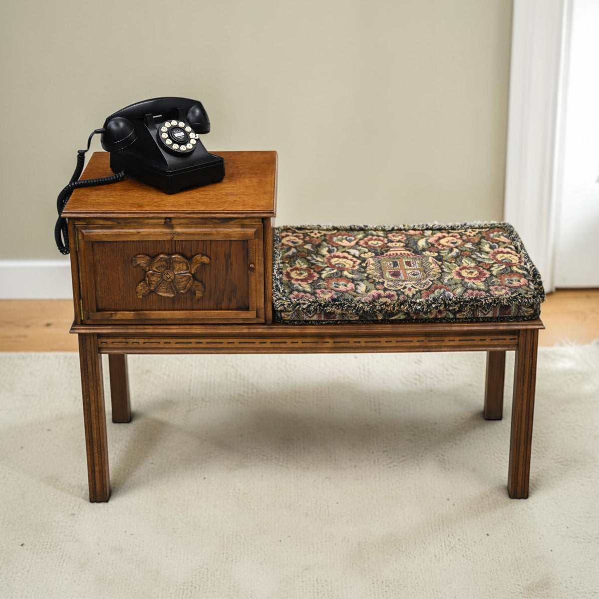 Hall Telephone Table/Seat With Cushion & Small Cupboard Vintage FREE UK Delivery