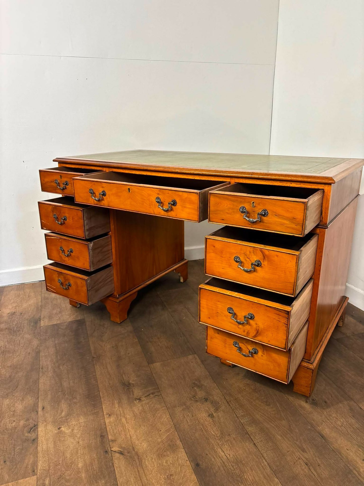 Reproduction Yew Wood Pedestal Desk with Green Leather