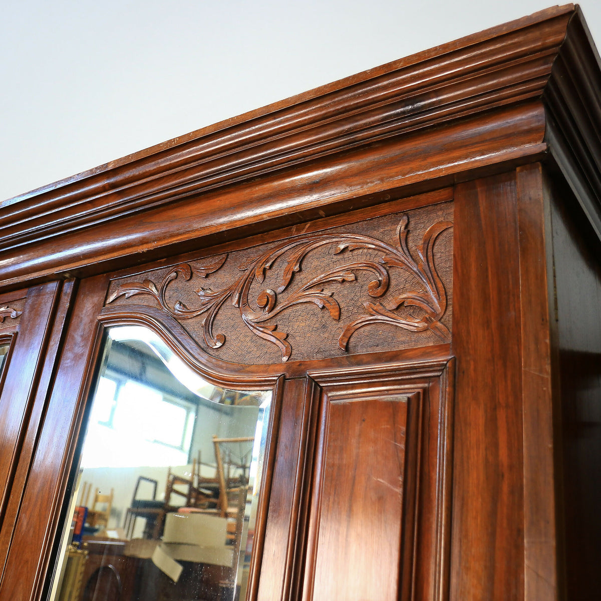 Antique Double Wardrobe Mirrored Doors and Graduated Drawers Late Victorian