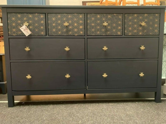 Large Painted Navy Chest Of Drawers With Gold Morrocan Stencil And Gold Bees