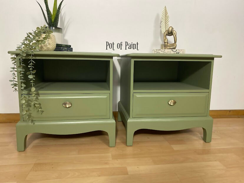 Pair of Stag 1 drawer, Sepal Green bedsides tables