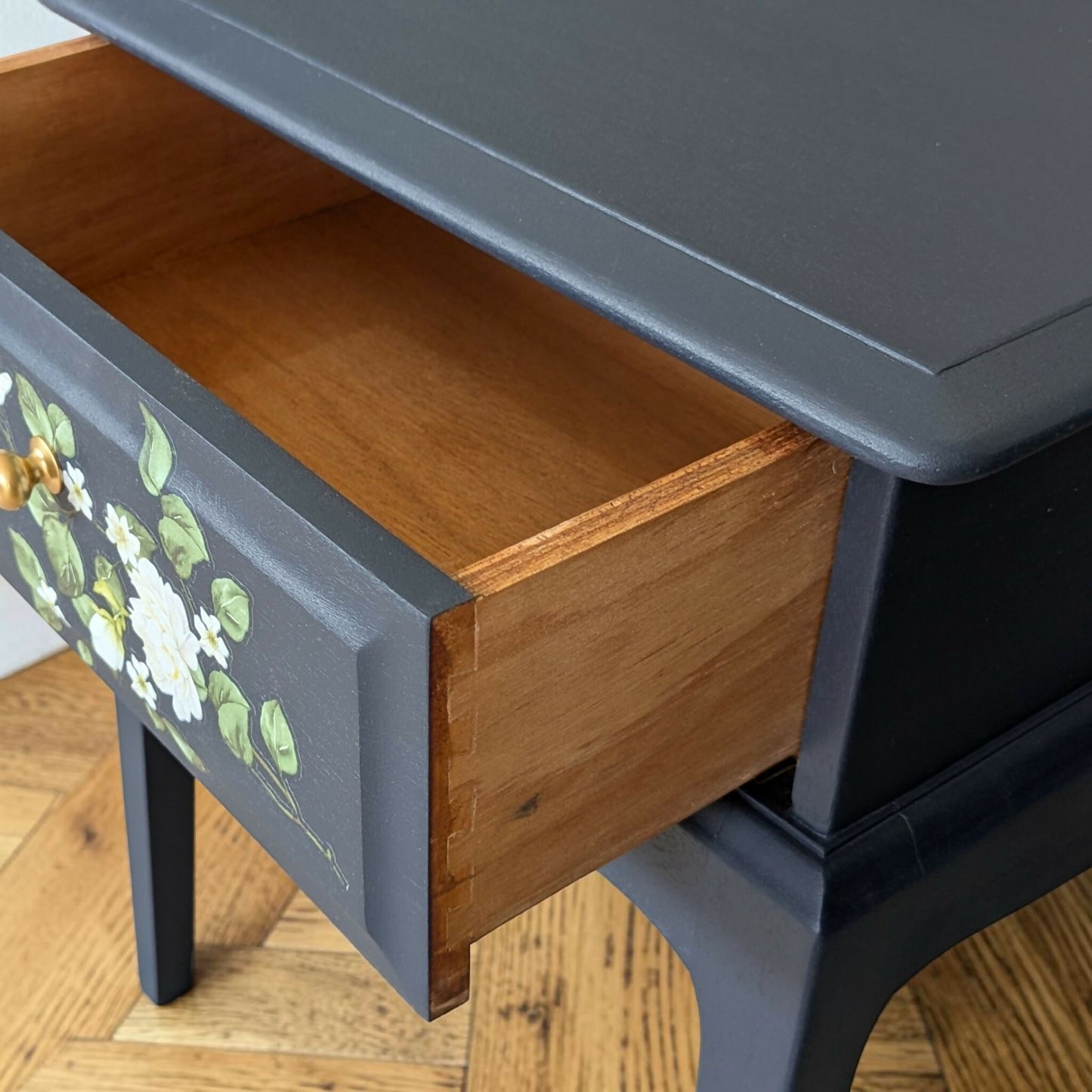 Vintage Stag minstrel navy blue bedside tables pair