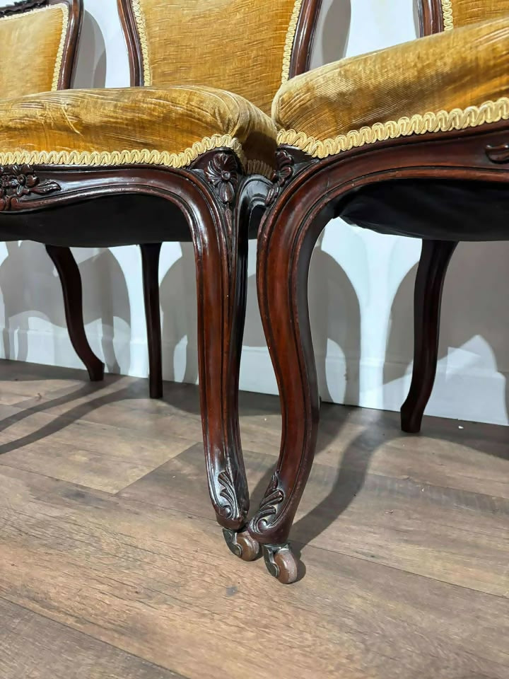 Vintage Set Of Six French Mahogany Framed Dining Chairs